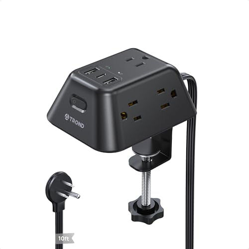 TROND Desk Clamp Power Strip, Surge Protector with 5 Widely Spaced Outlets | Desk Outlets with 3 USB Ports, Fit 1.97in Tabletop Edge Thick, Extension Cord 10FT for Home Office Gaming Accessories, Black - color: Black, size: 10FT (2U1C)