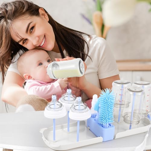 Travel Bottle Washing Kit with Storage Case, 7-in-1 Baby Travel Bottle Cleaner Kit for Travel and Home, All-in-One Baby Bottle Brush Set with Drying Rack for Bottles and Breast Pump Parts (Blue) - color: Blue