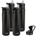 HASLE OUTFITTERS Insulated Water Bottle 22 oz Double Wall Stainless Steel Water Bottle Wide Mouth with Straw Lid & Spout Lid Keeps Cold or Hot(Black,4) - color: Black, size: 22oz- 4 Pack