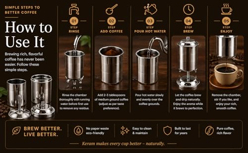 South indian filter coffee maker indian style 10.1 oz (300 ml) | KERAM indian coffee filter 304 stainless steel coffee dripper reusable phin filter decoction maker pour over alternative - size: 300 ml