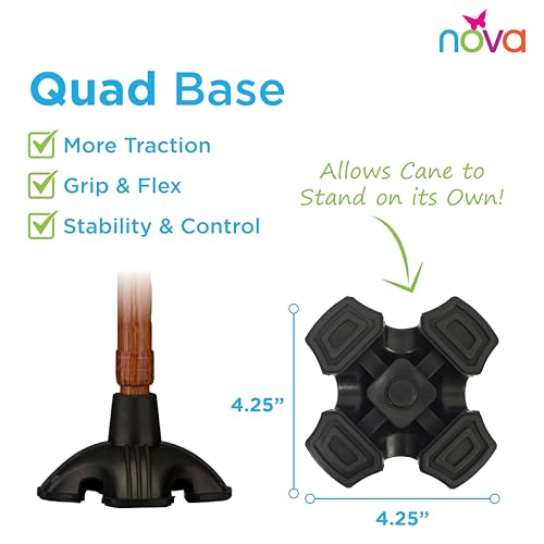 Nova Joy Designer Offset Quad Cane for Seniors - Unisex Adjustable Lightweight Walking Aid with Foam Handle, Wrist Strap and Anti-Rattle Lock - Essential Mobility Support - Walnut Grain - color: Walnut Grain