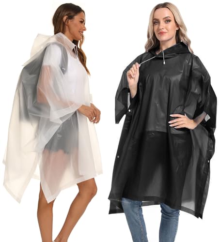 Reusable Rain Ponchos with Drawstring Hood for Adults, Waterproof Thicken Rain Coat, 2 Packs - color: White & Black