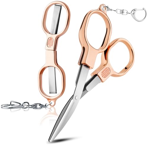 BSADIY 2 Pcs Mini Folding Stainless Steel Badge Scissors with 2 Keychains | Safety Foldable Pocket Small Travel Scissors All Purpose for Travel, Office, Craft, Sewing, Nurse Accessories (Rose Gold) - color: Rose Gold