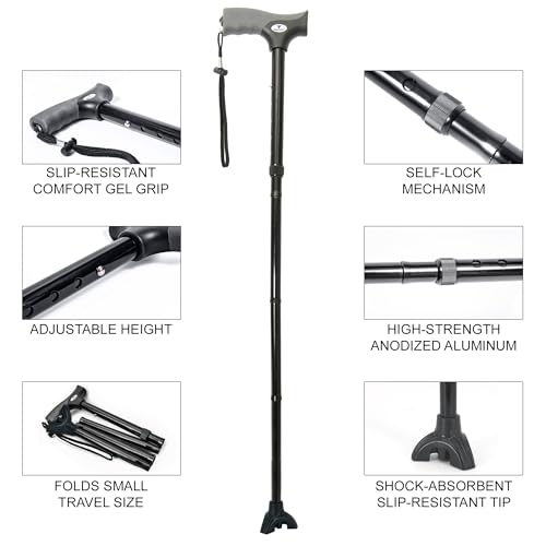 FSA/HSA Eligible, Vaunn Medical Easy Grip Height Adjustable Folding Cane/Walking Stick with Strap/Pouch- Compact, Portable, and Safe Walking Assistant- Non-Slip Grip Handle- Men, Women, Elderly - style: Tripod Tip