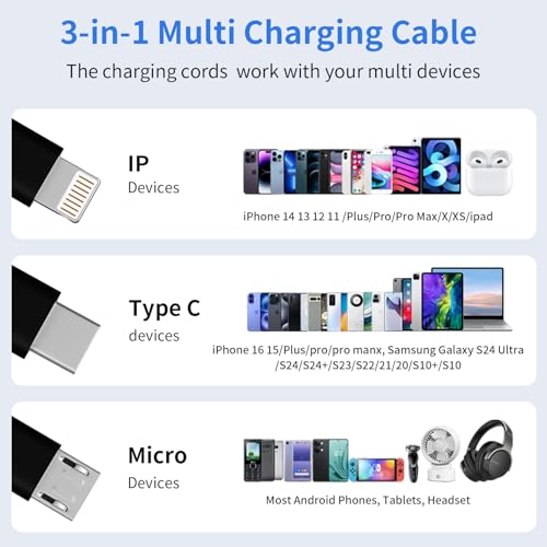 3 in 1 Multi Charging Cable, USB Cable Universal Charger, 2Pack 4FT | Phone Charger Cord with Type-C, Micro USB, L Port, Travel Charger for iPhone 17-8/Android, Travel Camping Essentials - color: Black