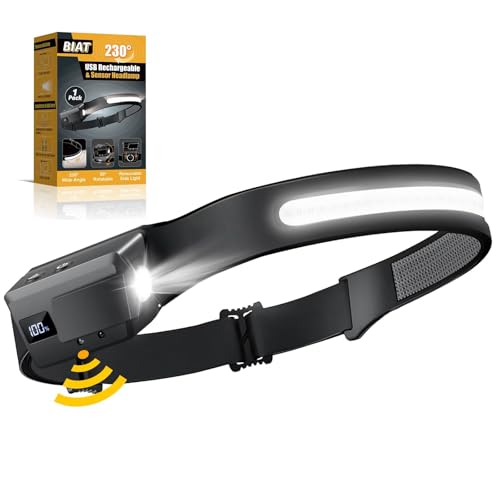 LED Headlamp Rechargeable, 230° Wide Beam Headlight with Motion Sensor, 90° Rotation and Removable Head Lights for Forehead, 5Mode Head Lamp for Adults, Camping Essentials Gear for Hiking - size: 1 Pack