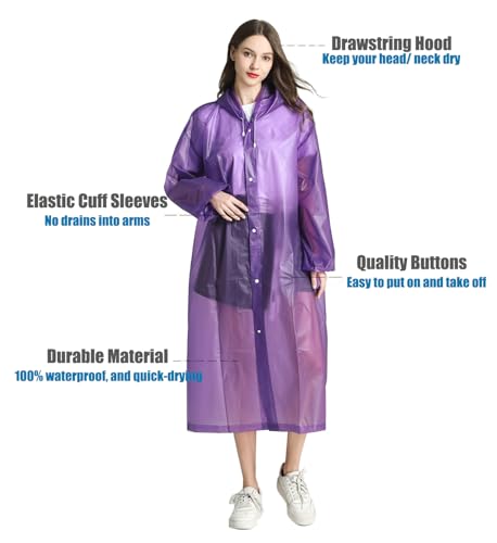 HLKZONE Raincoat, 2 Pack Rain Ponchos for Adults Travel Rain Jacket Packable Rain Coats for Women with Drawstring Hood - color: G-purple