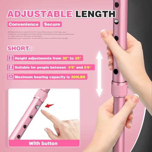 BigAlex Folding Walking Cane with LED Light,Pivoting Quad Base,Adjustable Walking Stick with Carrying Bag for Men/Women - color: Pink(4'9"-5'6")