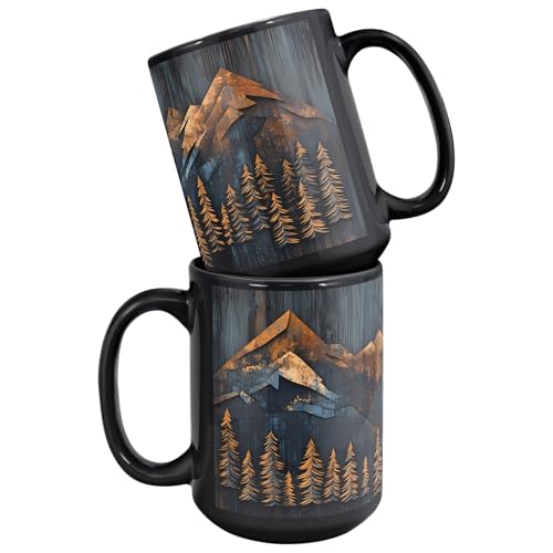 Mountains and Forest Trees Coffee Mug – One Mug, Full Wrap Design (Not Textured) – Outdoorsy Gift for Nature Lovers, Hikers, Campers & Rustic Cabin Decor – 15oz Black Ceramic Cup - size: 15 Ounces
