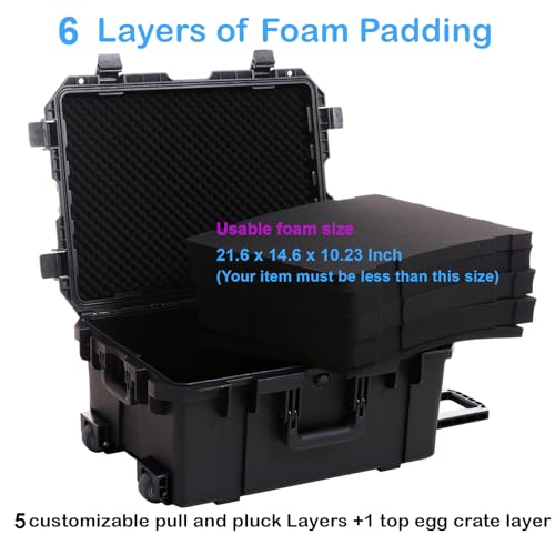 Regetek 27" Waterproof Hard Case with Foam, Rolling Equipment Flight Case with Wheels & Retractable Handle for Camera, Drone, Tools, Electronics, Heavy Duty, IP67 Rated, Inner 21.6"X 14.6"X10.2"