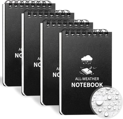 Waterproof Notebook, 4 Pack Pocket Notepad, 3" x 5 Top-Spiral NotePad Black - color: Black