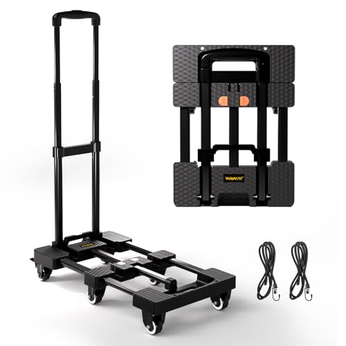 Voipvvii Folding Hand Truck 500lbs, Portable Heavy Duty Dolly Cart, 6 Wheels Collapsible Luggage Cart with 2 Elastic Ropes - Compact Trolley Cart for Easy Moving - Ideal Hand Cart for Travel and More - color: Black