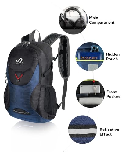 WATERFLY Lightweight Packable Hiking Backpack, 30L Day Pack | Foldable, Water Resistant Travel Daypack with Multiple Pockets, Wet Pocket, Ultralight Day Pack for Woman Man, Everyday Carry - color: Blue & Black