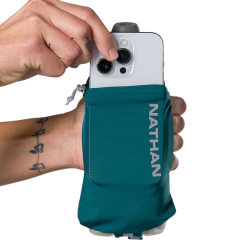 Nathan SpeedDraw 2 Insulated Handheld Running Water Bottle Flask – Double-Wall Insulation, Ergonomic Grip, Blast Valve Cap, Phone & Key Storage Pockets, Reflective Design, 12oz Insulated - Deep Teal - color: 12oz Insulated - Deep Teal