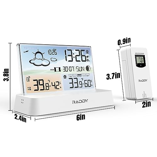 Raddy DT6 Wireless Weather Station, Atomic Clock Color Display | Indoor outdoor thermometer hygrometer, home weather forecast, barometric pressure