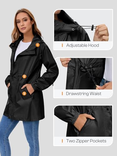 SaphiRose Women's Lightweight Long Rain Jacket Packable Raincoat Hooded Outdoor Trench Coats - color: Black, size: Small
