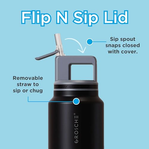 GROSCHE Alpine Flip N Sip Insulated Bottle Straw Lid, Graphite Black, 40 oz - color: Graphite Black, size: 40 Ounces