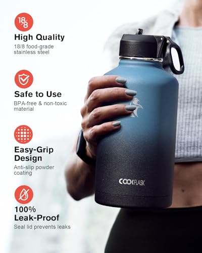 Coolflask Half Gallon Water Bottle Insulated with Straw & 3 Leakproof Lids | 64 oz Large Water Jug Stainless Steel Triple-Wall, Cold 48+h/Hot 24+h Dishwasher Safe, BPA-Free, for Sports Gym & Hiking - color: Samurai Cyan, size: 64 Ounces