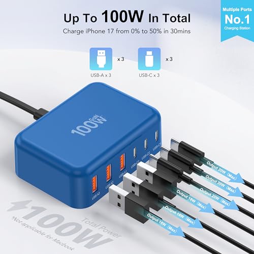 USB C Charger Block, GaN Fast USB Charging Station Hub with 100W Max 6-Port - color: C-Blue, size: 100W