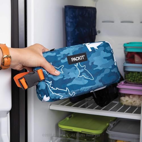 PackIt Freezable Snack Box, Camo Shark, Built with ECOFREEZE Technology, Collapsible, Reusable, Zip Closure with Buckle Handle, Great for Fresh Snacks on the go (Pack of 12) - color: Camo Sharks
