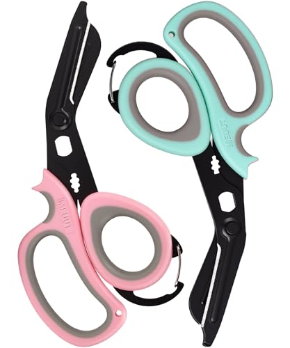 MEUUT All Purpose Scissors 2 Packs with Carabiner for Kitchen Outdoor | 7.5-inch heavy duty all purpose, Ambidextrous, micro-serrated stainless steel blades, integrated O2 wrench, soft rubber grip - color: Pastel Pink+pastel Green