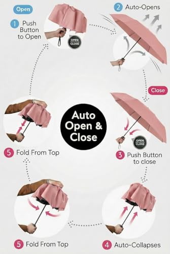 BAODINI Compact Travel Umbrella Small Windproof Auto Open Close for UV Sun Protection UPF 50+ and Rain Fits Backpack Purse & Suitcase - color: Pink