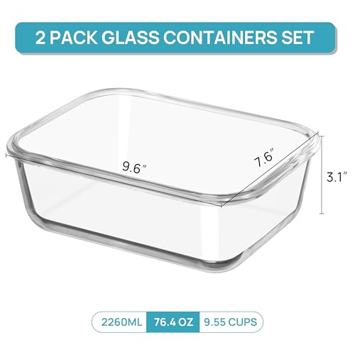 Vtopmart 2Pack 2260ml/76.4oz Extra Large Glass Storage Containers, Grey | Meal Prep Food Container Set with Snap Airtight Lids, Microwave, Oven, Freezer, Dishwasher Safe, Baking, BPA Free - color: Grey, size: 76.4oz