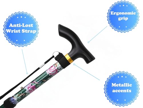 Folding Lightweight Walking Stick - Adjustable Aluminum Metal Collapsible Travel Cane with Non-Slip Rubber Base - color: Green Floral