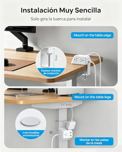TROND Desk Clamp Power Strip, Desk Mount Charging Station with 5 AC Outlets | Surge Protector with 3 USB Ports, Fit 1.97in Tabletop Edge Thick, 6FT Flat Extension Cord for Home Office Accessories, White - color: White, size: 6FT (2U1C)