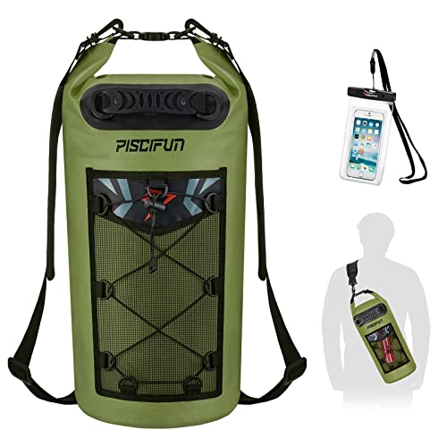 Piscifun Dry Bag, Waterproof Floating Backpack 10L/20L/30L/40L | Waterproof Phone Case, Adjustable shoulder straps, Roll-top closure keeps gear dry, Ideal for Boating, Kayaking, Fishing - color: Army Green, style: 10l