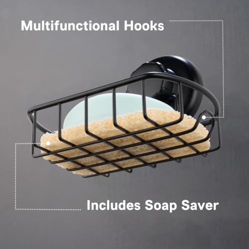 HASKO accessories Suction Soap Dish with Hooks - Super Powerful Vacuum Suction Cup Shower Soap Holder - Rustproof Stainless Steel SS304 Soap Basket - Sponge Holder for Bathroom & Kitchen (Black) - color: Black