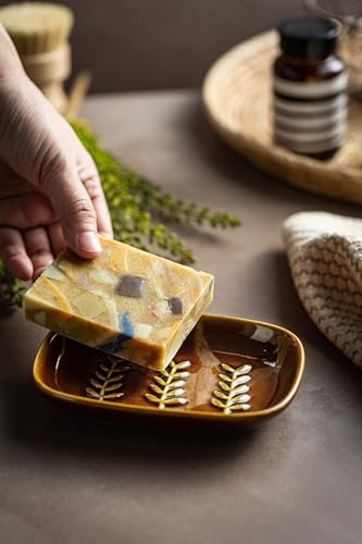 Miamolo Soap Dish for Shower, Bar Soap Holder with Raised Ridges, Non-Stick | Ceramic Soap Saver, Ideal for Counter & Countertop | Versatile Tray for Sponges, Jewelry & Brush | Easy Cleaning, Dark Brown - color: Dark Brown, size: Leaf Design