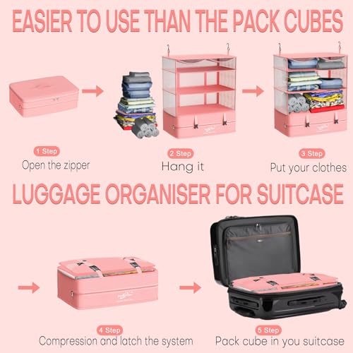 Compressible Packing Cubes Portable Hanging Closet Shelves 17"x12"x24" Extendable Travel Organizer Nylon Packing Bags for Suitcase - color: Pink