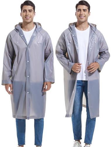 2-Pack Reusable Rain Ponchos for Adults, HOOMBOOM Raincoats Emergency for Women/Men with Drawstring and Sleeves - color: Grey