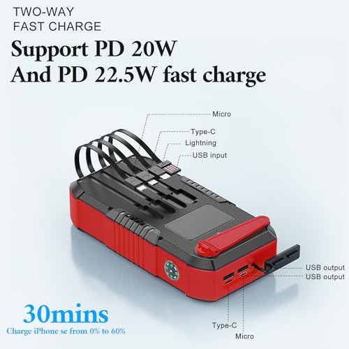 Solar Power Bank 66800mAh Built in Hand Crank for Camping and Hiking | Fast Charge,4 Built in Cable,5 Outputs & 3 Inputs Multi Device Charging,SOS/Flashlight/Compass,Waterproof - color: red