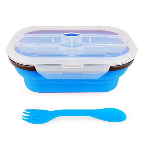 CARTINTS 800ml Collapsible Bento Lunch Box, Silicone Food Storage Container, with Leakproof Lids and Spoon, Microwave Freezer Safe, Blue - color: Blue 800ml Bento Box