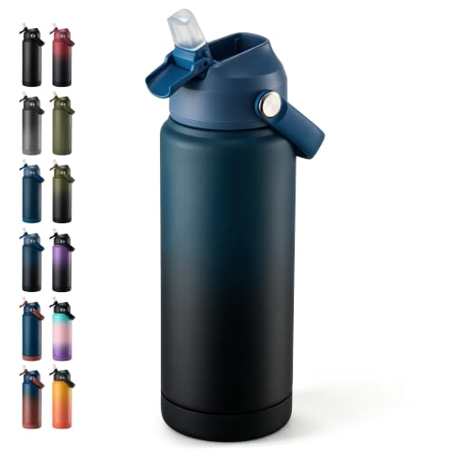 Fijinhom 24 oz Insulated Water Bottle with Straw Lid, Stainless Steel Water Bottles, Double Wall Vacuum, Portable Handle & Non-slip Bottom, BPA Free Leak Proof Metal Bottles, Keep Cold 24H, Blue/Black - color: Blue/Black, size: 24 Ounces