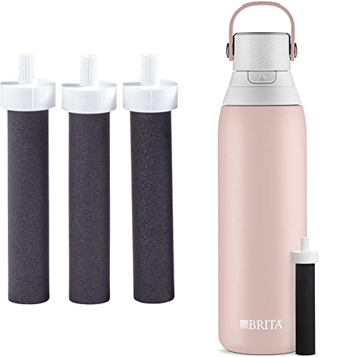 Brita Water Filter Replacements for Water Bottles (3 Count) and Brita Insulated Filtered Water Bottle with Straw (20 Ounce, Rose)