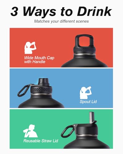 Coolflask 128 oz Gallon Water Bottle Insulated with Straw & 3 Leakproof Lid | Large Water Jug Stainless Steel Triple-Wall, Cold 48+h/Hot 24+h, Dishwasher Safe, BPA-Free, for Outdoor Gym & Hiking - color: Piano Night, size: 128 Ounces