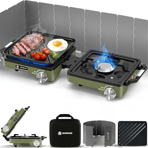 2-Burner Pro Camping Stove,24000 BTU Camp Stove,Foldable Propane Stove Includes Carry Bag,Windscreen Griddle, Portable Stove,Camping Essentials,Suitable For Outdoor Cooking,Tailgating,Grilling (Green)