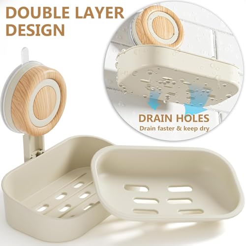 Double Layer Soap Dish for Shower 2 Pack, Wall Mounted Bar Soap Holder Suction Cup 2 Layer Self Draining Soap Case Sponge Holder for Shower Bathroom, Tub and Kitchen Sink, Drill-Free Tray - color: Beige