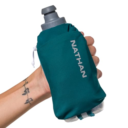 Nathan SpeedDraw 2 Insulated Handheld Running Water Bottle Flask – Double-Wall Insulation, Ergonomic Grip, Blast Valve Cap, Phone & Key Storage Pockets, Reflective Design, 12oz Insulated - Deep Teal - color: 12oz Insulated - Deep Teal