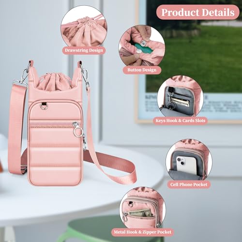 bvya Puffer Water Bottle Holder Quilted Sports Pouch Bag with Adjustable Shoulder Strap & Paracord Handle - color: Pink