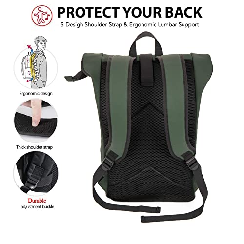 X RAY Roll Top Laptop Backpack for Men Women, PU Leather Expandable Roll Up Backpack Capacity Adjustable 22L & Fits 15.6" Laptop, Dark Olive - color: Dark Olive