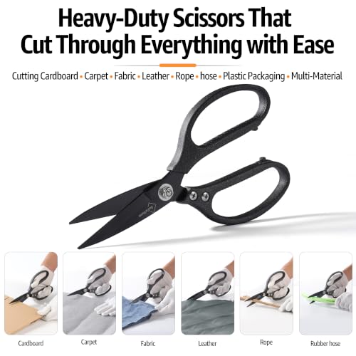 BoFuYuan Heavy Duty Scissors for Cutting Carpet Cardboard Leather Fabric | Japanese Steel Blades, Comfort Grip, Multipurpose Utility Sharp Shears for Kitchen Garden Craft Sewing, 8.5 Inch Frosted Grey