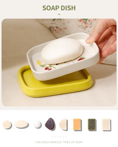 Ceramic Soap Dish, Handpainted Farmhouse Self Draining Soap Holder, Double Layer Bar Soap Holder with Floral Design, Decorative Soap Dish for Bathroom Shower Kitchen Sink, Keeps Soap Dry, ANTIS'S HOME - color: Yellow