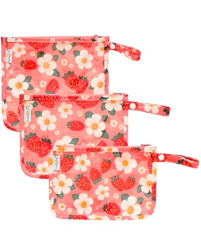 babygoal Clear Travel Organizer Bags 3 Pack, TSA Approved Storage Pouches | Strawberry Print, Water Resistant Fabric, Dual Inner Pockets, Detachable Snap Handle, Secure Zipper Closure - color: Strawberry