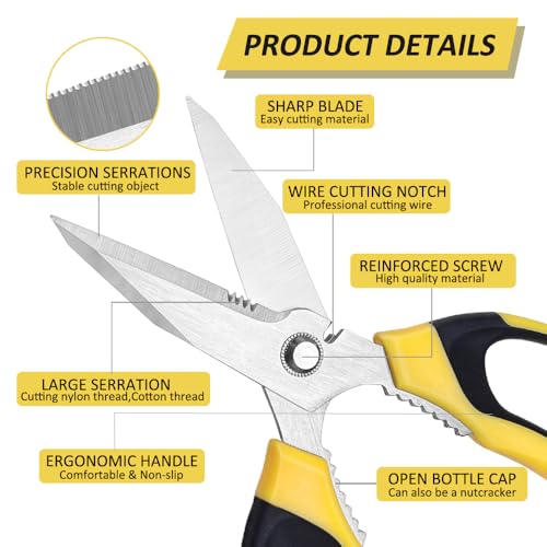 Heavy Duty Scissors, Sharp Scissors All Purpose Heavy Duty with Serrated Edge, Comfortable Non-Slip Handle, Easy Cutting Cardboard, Wires, Fabric, Leather, Iron Mesh (Yellow) - color: Yellow