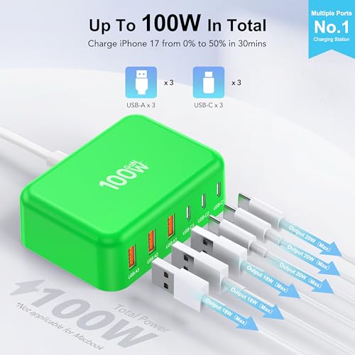USB C Charger Block, GaN Fast USB Charging Station Hub with 100W Max 6-Port - color: E-Green, size: 100W
