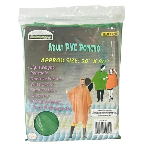 RAIN GUARD 10 Mil Vinyl Rain Poncho with Hood | Expanded 50" x 80" | Reusable Waterproof Protection | Adult Size | 2 Pack - color: Green